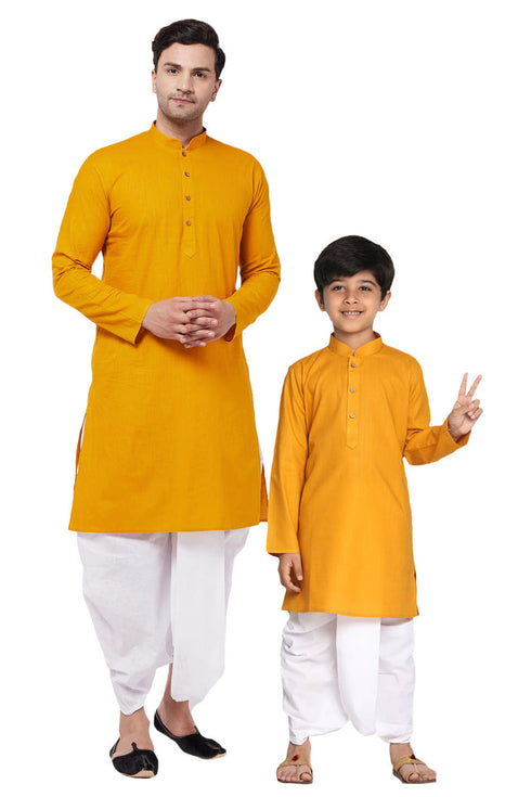 VASTRAMAY Mustard Cotton Baap Beta Kurta Dhoti Set